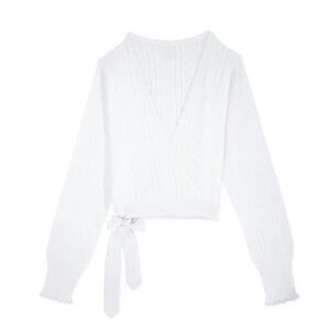 Pretties Venice Ballet Wrap Long Sleeve Crop Top in White Cotton Pointelle Frill